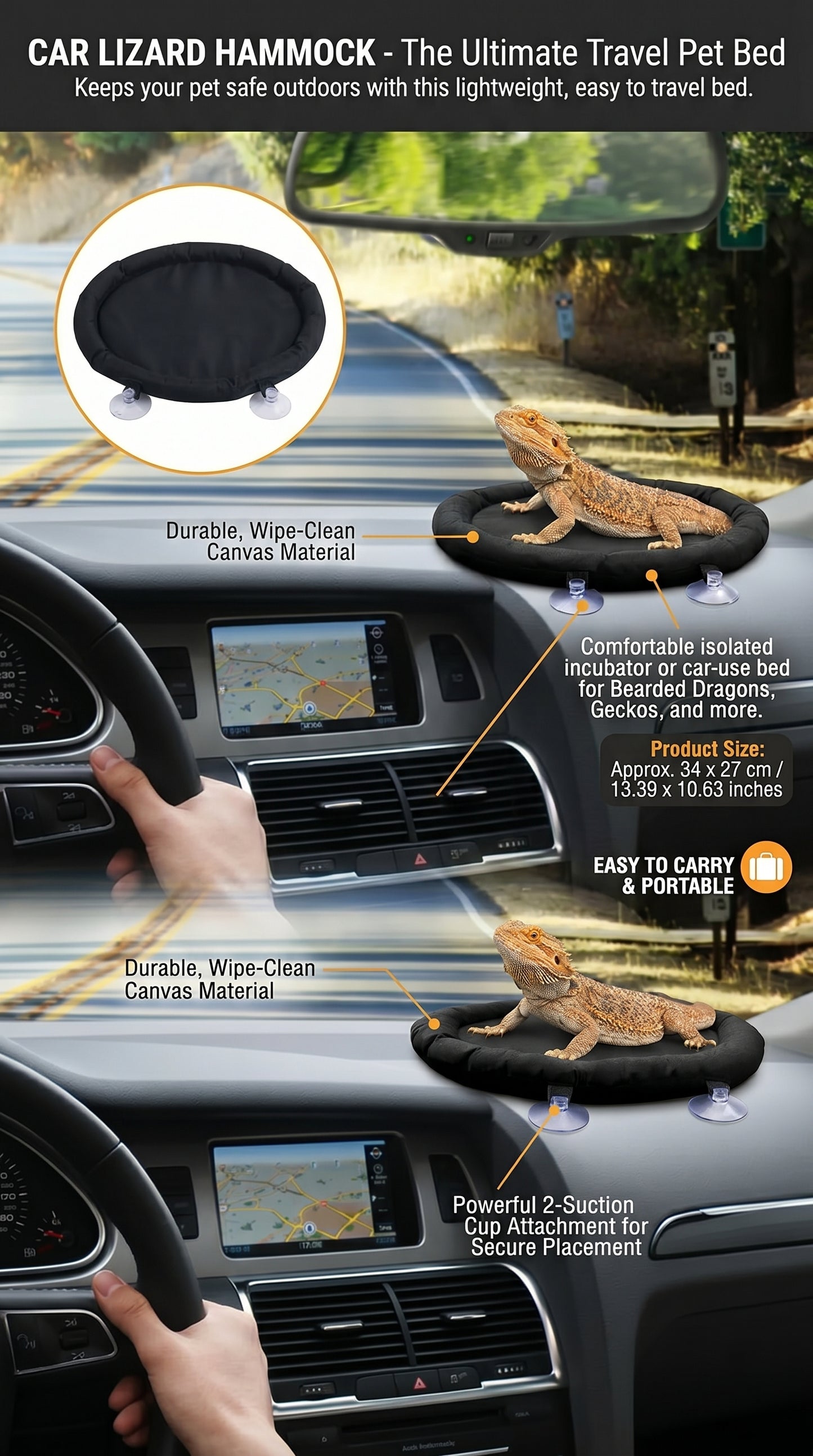 Hamac de Voiture pour Lézard & Dragon Barbu — Portable, Fixation Ventouse