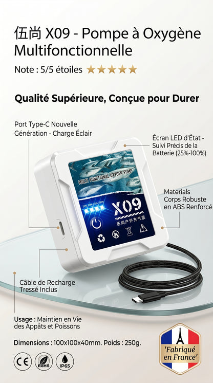 Pompe à Air pour Aquarium & Pêche — Portable USB, Batterie Lithium 2400mAh, Silencieuse