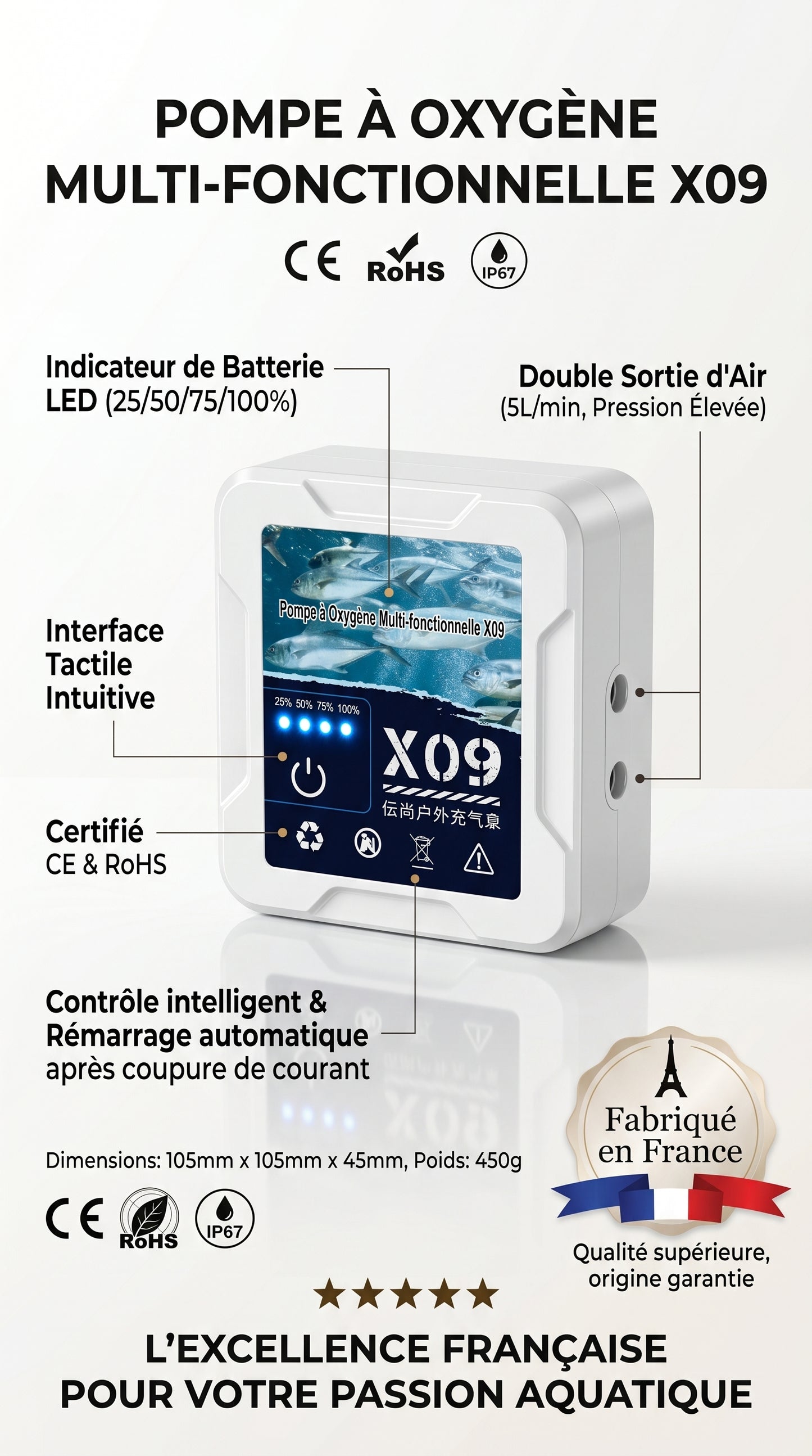 Pompe à Air pour Aquarium & Pêche — Portable USB, Batterie Lithium 2400mAh, Silencieuse