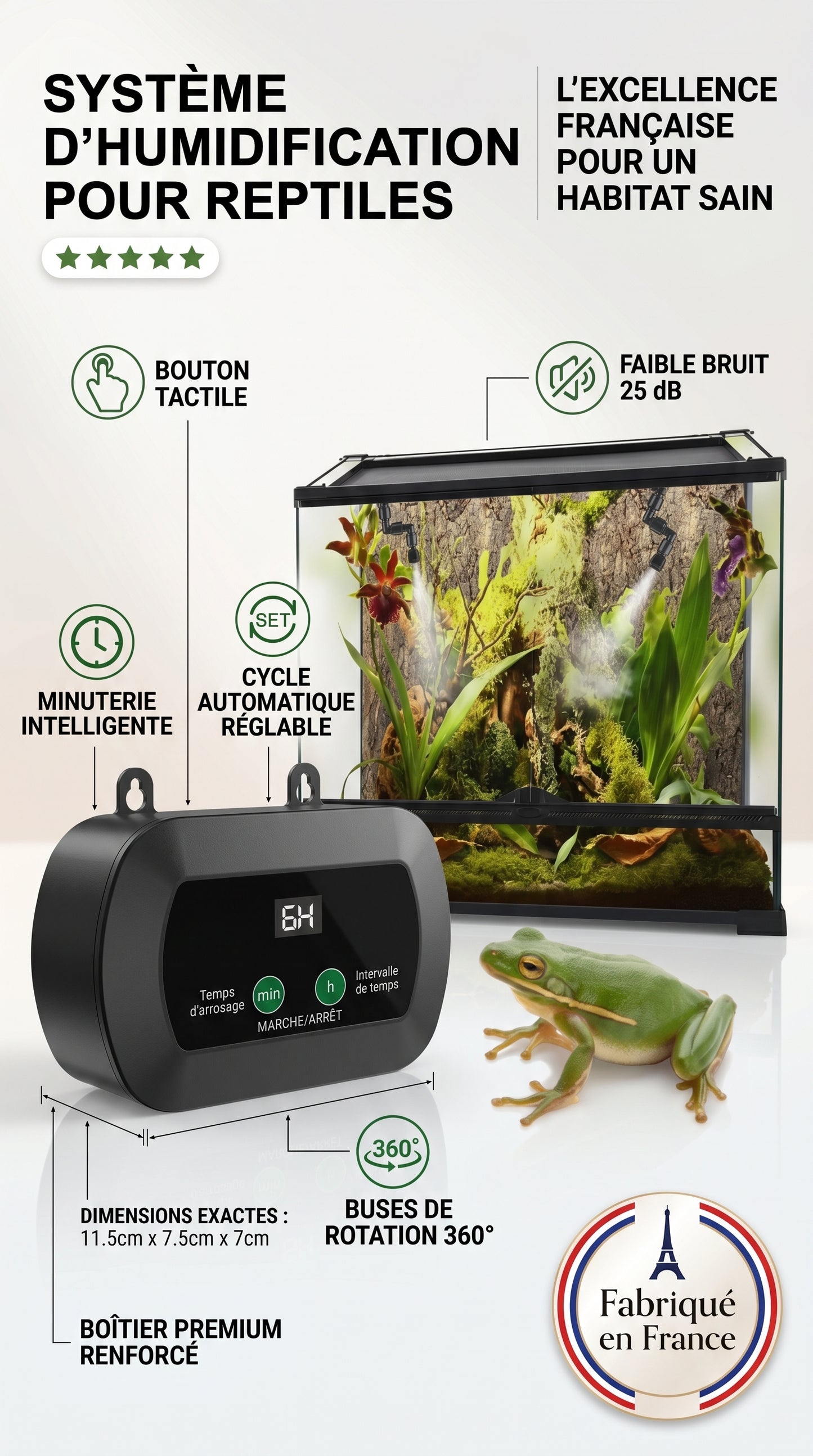 Humidificateur Brumisateur pour Terrarium — Buse 360°, Minuterie, USB | Reptiles
