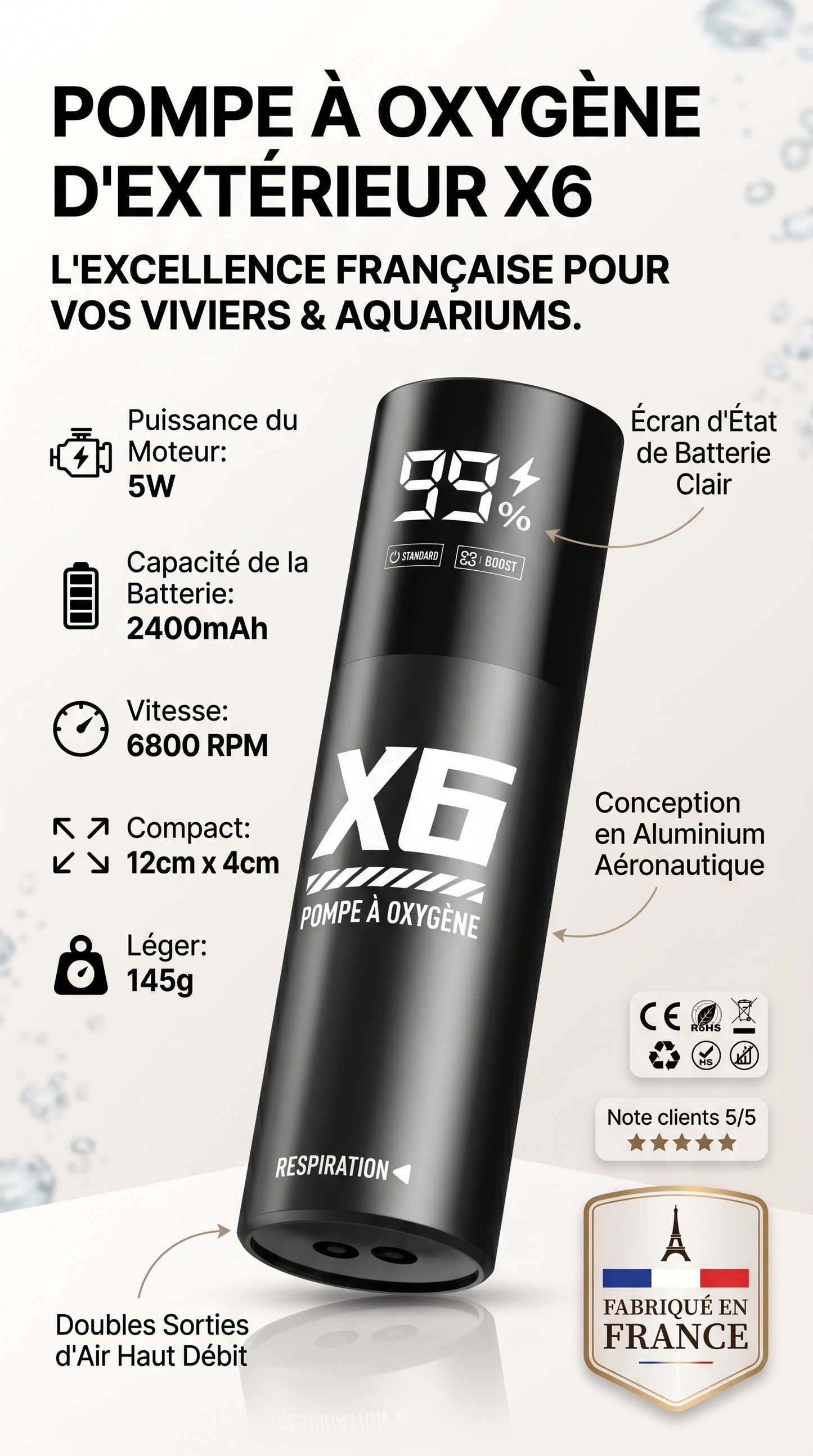 Pompe à Air pour Aquarium & Pêche — Portable USB, Batterie Lithium 2400mAh, Silencieuse