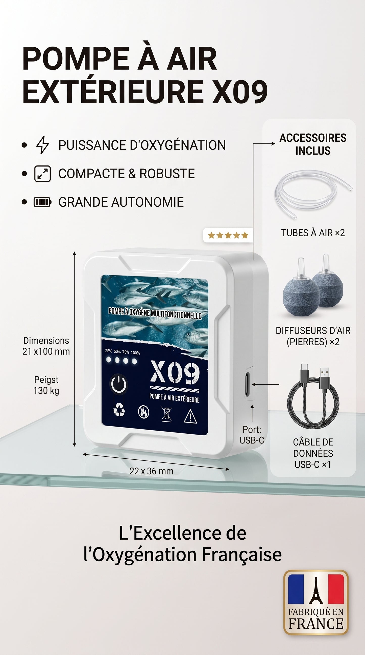 Pompe à Air pour Aquarium & Pêche — Portable USB, Batterie Lithium 2400mAh, Silencieuse