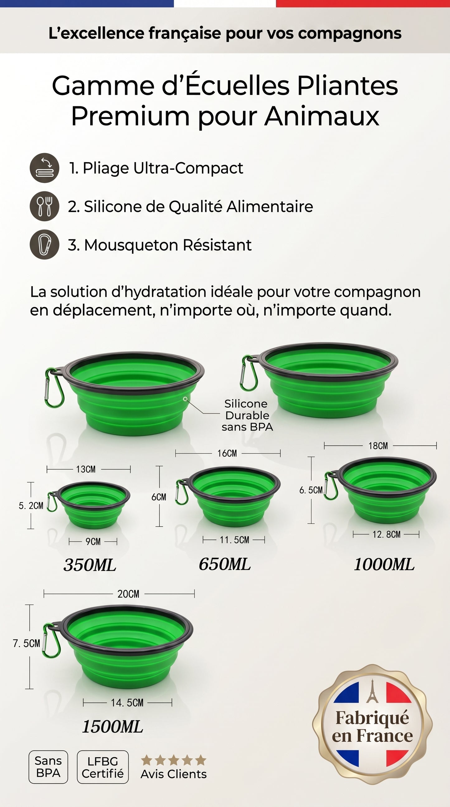 Bol Pliable Silicone Chien Chat – Gamelle Portable avec Mousqueton