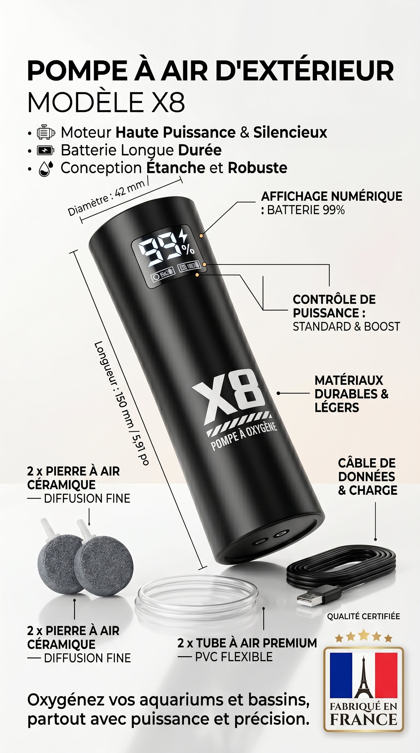 Pompe à Air pour Aquarium & Pêche — Portable USB, Batterie Lithium 2400mAh, Silencieuse